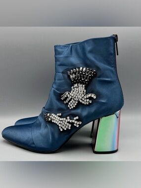Zara Blue Satin Ankle Boots Rhinestone Applique 3” Heel EU 39